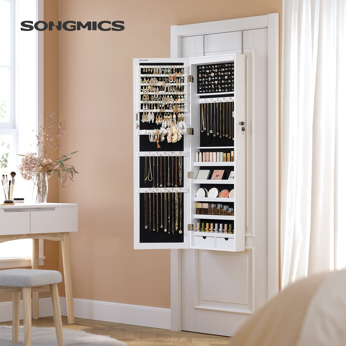 White Mirror Jewelry Cabinet with 2 Drawers T673