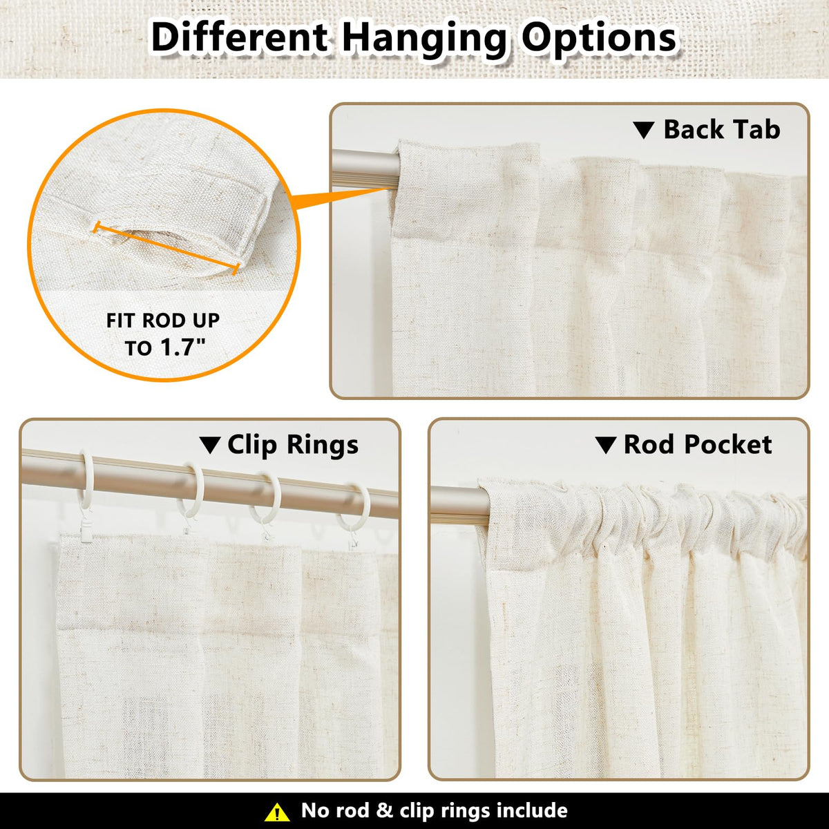 90 Inches Long Semi Sheer Linen Curtains, 2 Panels U885792