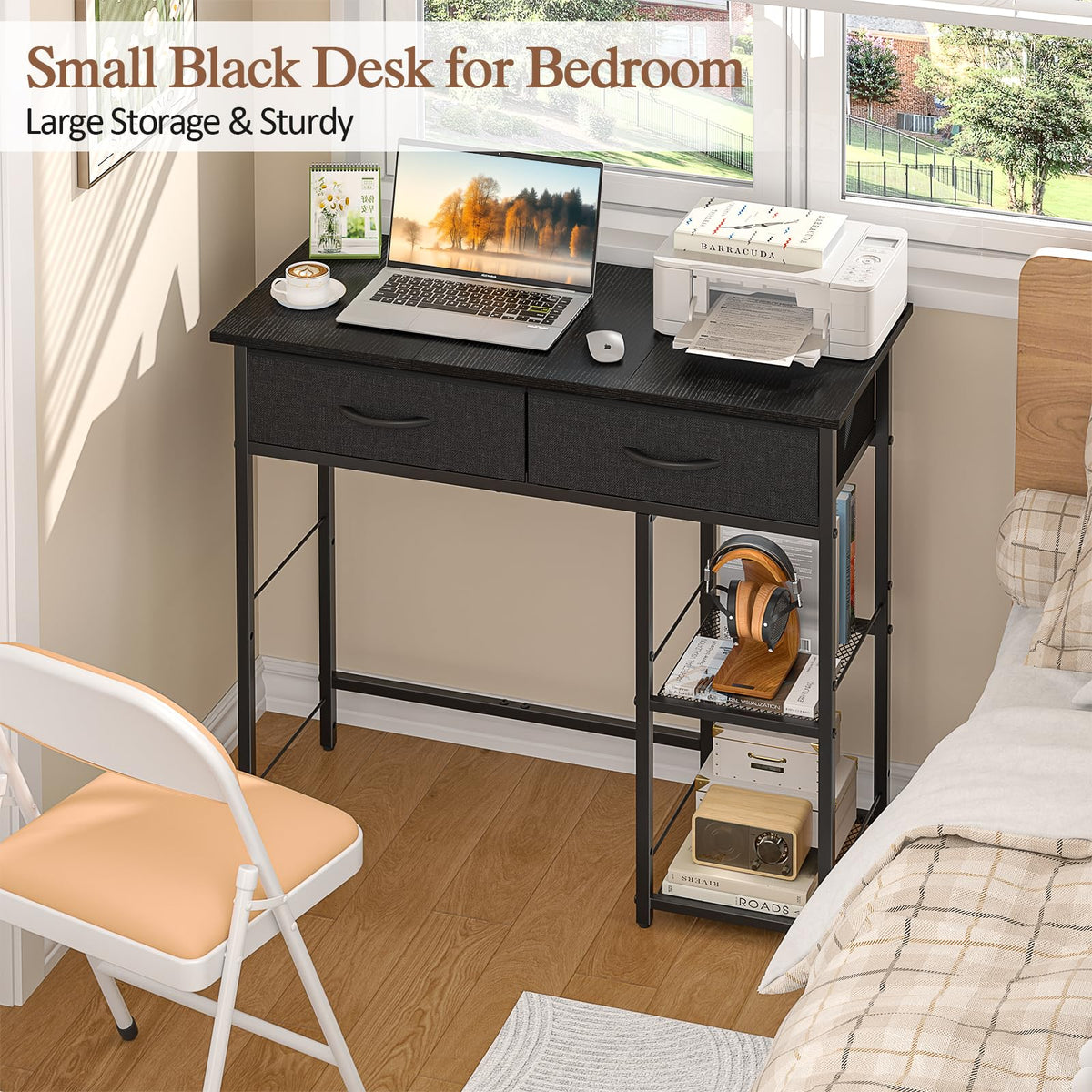 Black Small Writing Desk with 2 Drawers and Storage Shelf H66541