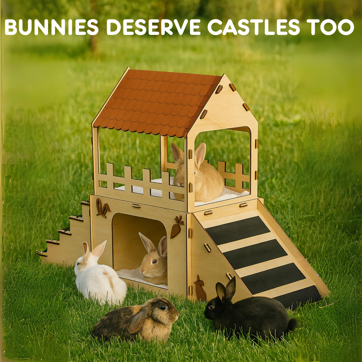 Extra Large Wooden Rabbit Hideout with Fleece Mats J8403