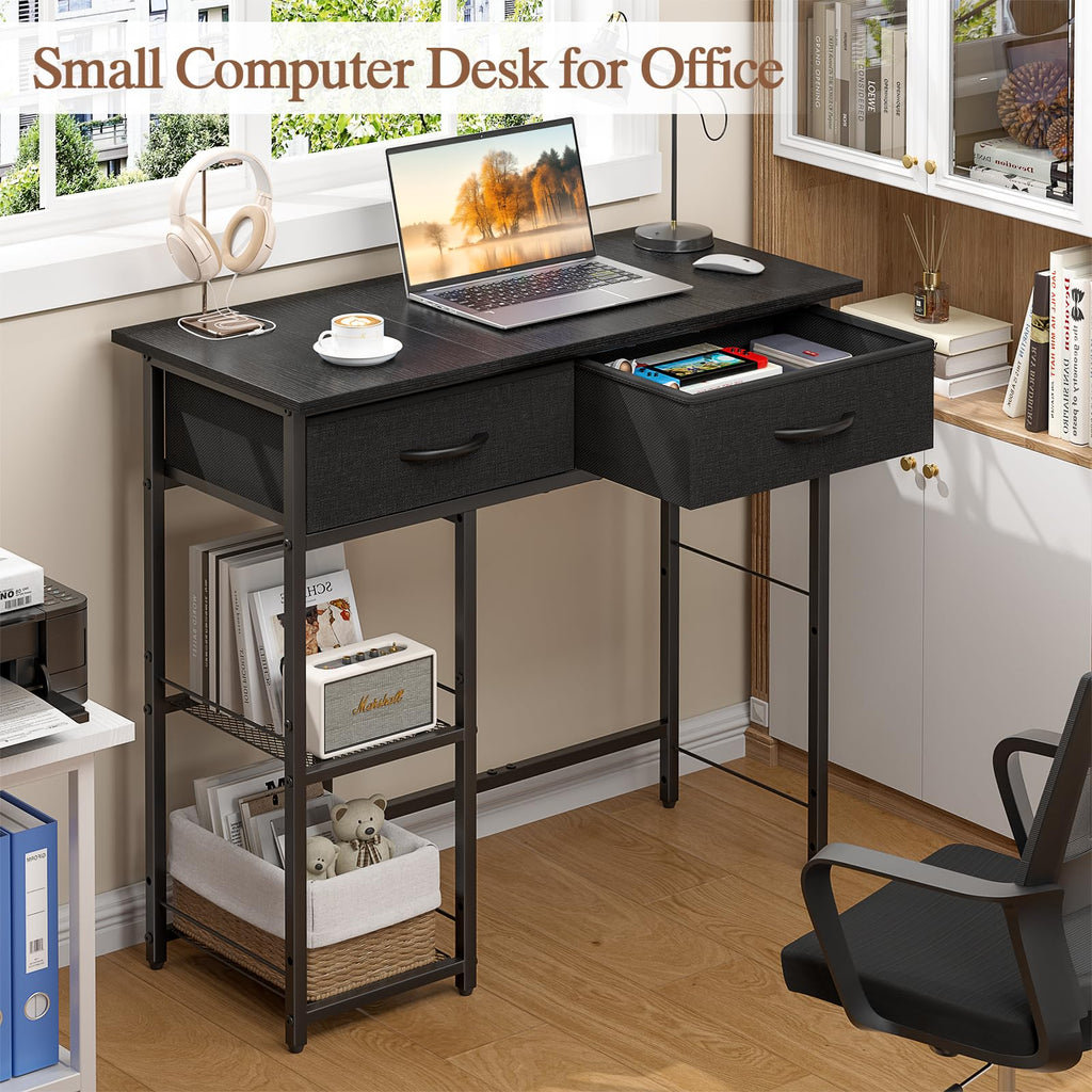 Black Small Writing Desk with 2 Drawers and Storage Shelf H66541