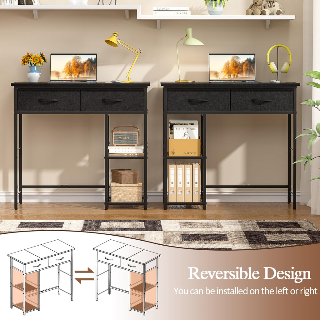 Black Small Writing Desk with 2 Drawers and Storage Shelf H66541