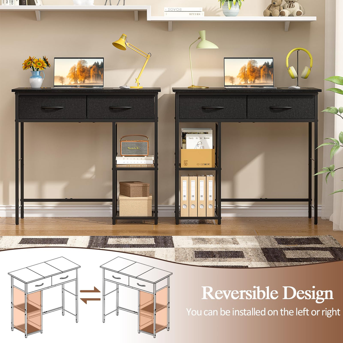 Black Small Writing Desk with 2 Drawers and Storage Shelf H66541