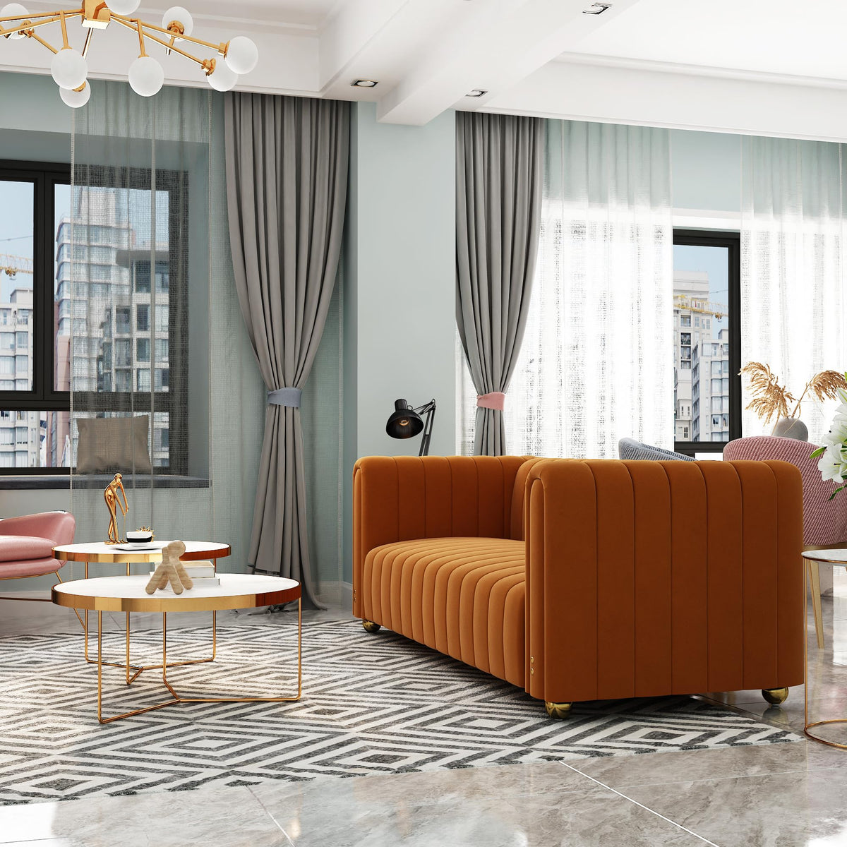 Orange Tufted Velvet Sofa Set E56363