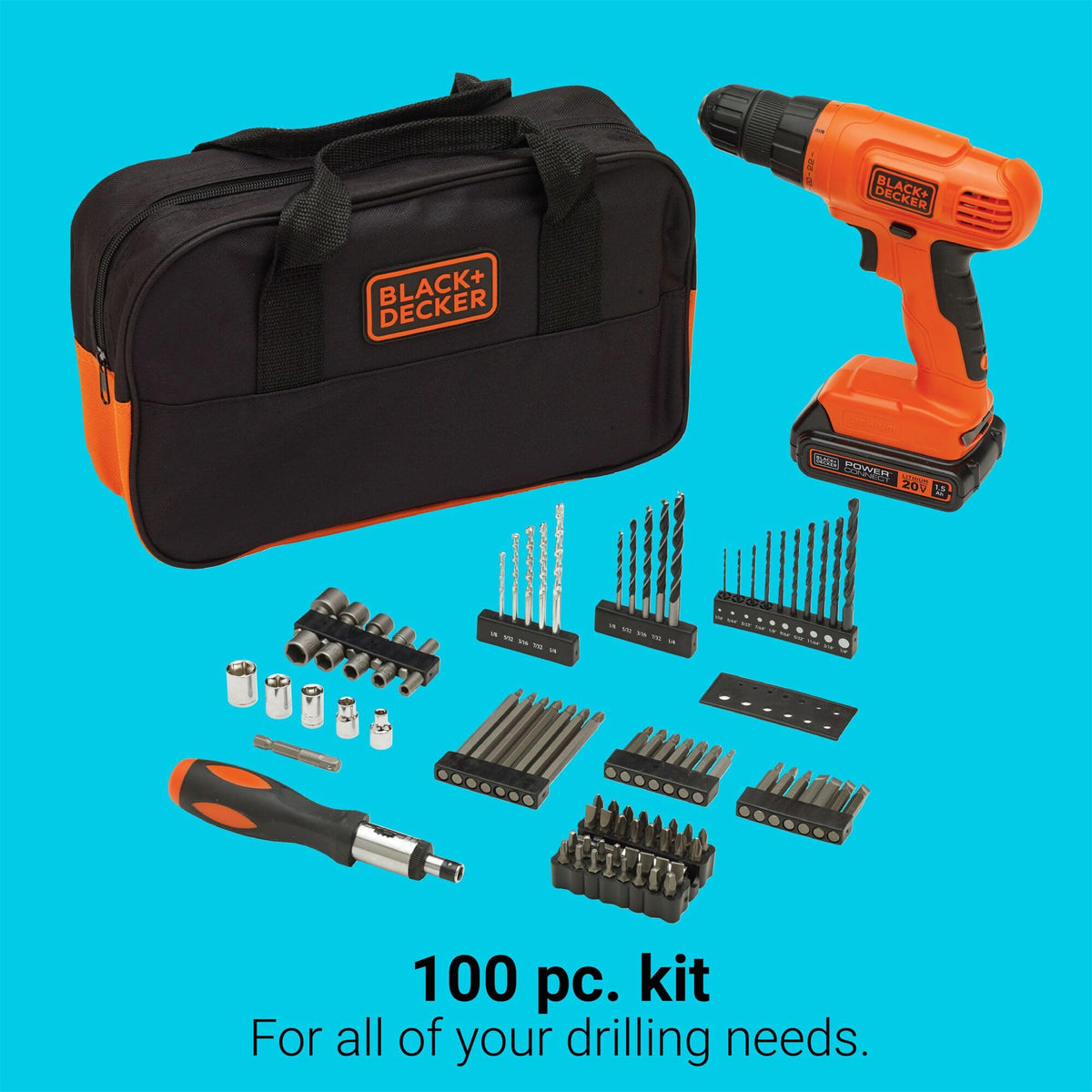 Cordless Drill Driver Kit with Drill Bit Set and Sockets, 100 pc. D9866