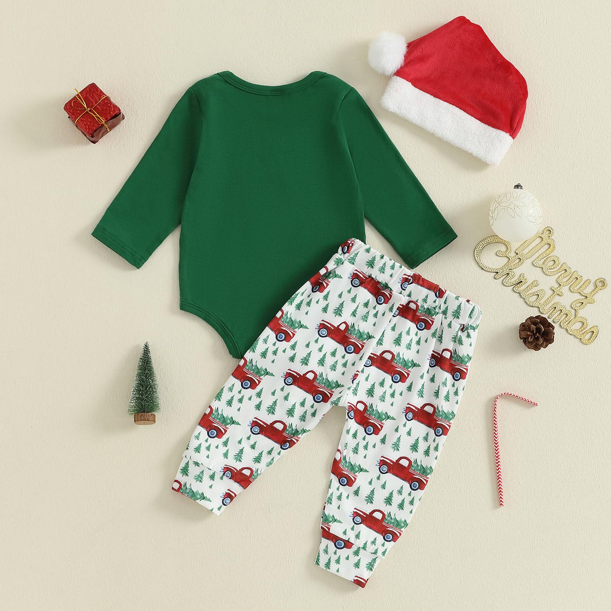 Christmas Baby Boy Long Sleeve Romper Onesie Pants Santa Hat T456312