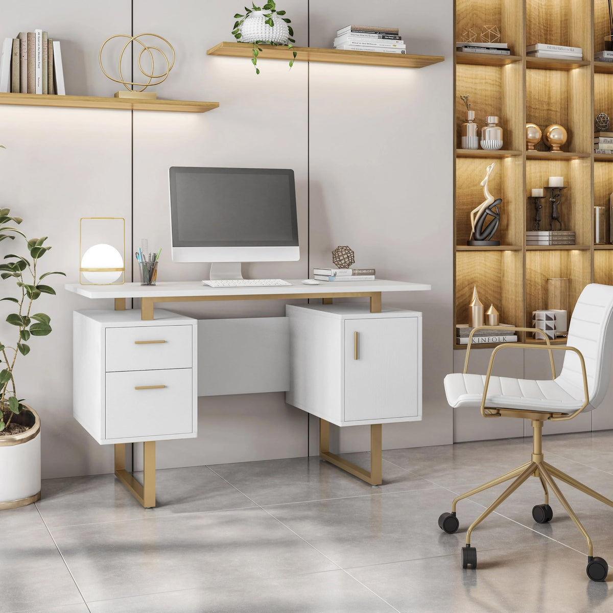 51"W Computer Desk with 2 Drawers & Storage Cabinet Z949574
