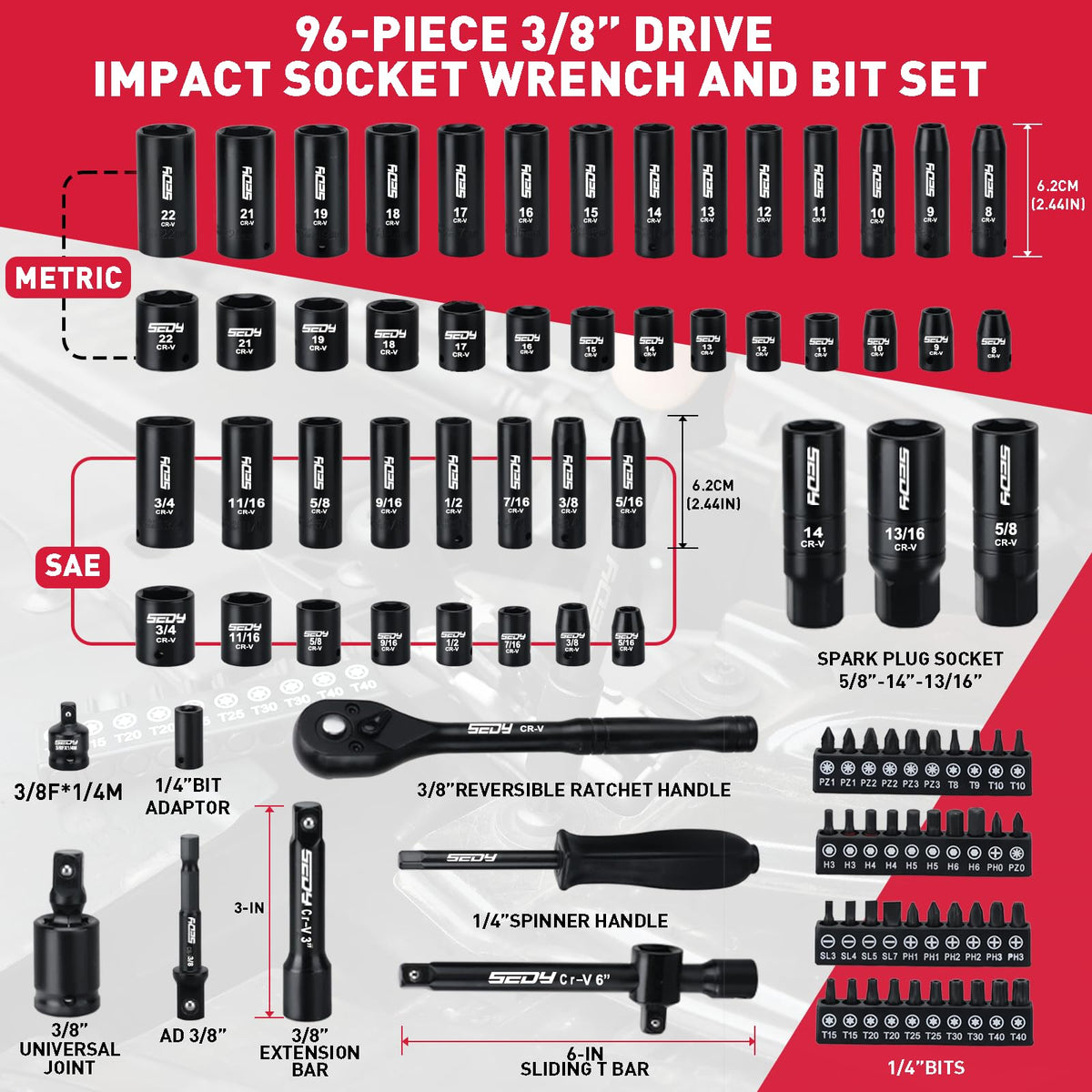 96-Piece 3/8" Drive Impact Socket Wrench and Bit Set, SAE & Metric, Cr-V Standard & Deep Sockets P462770