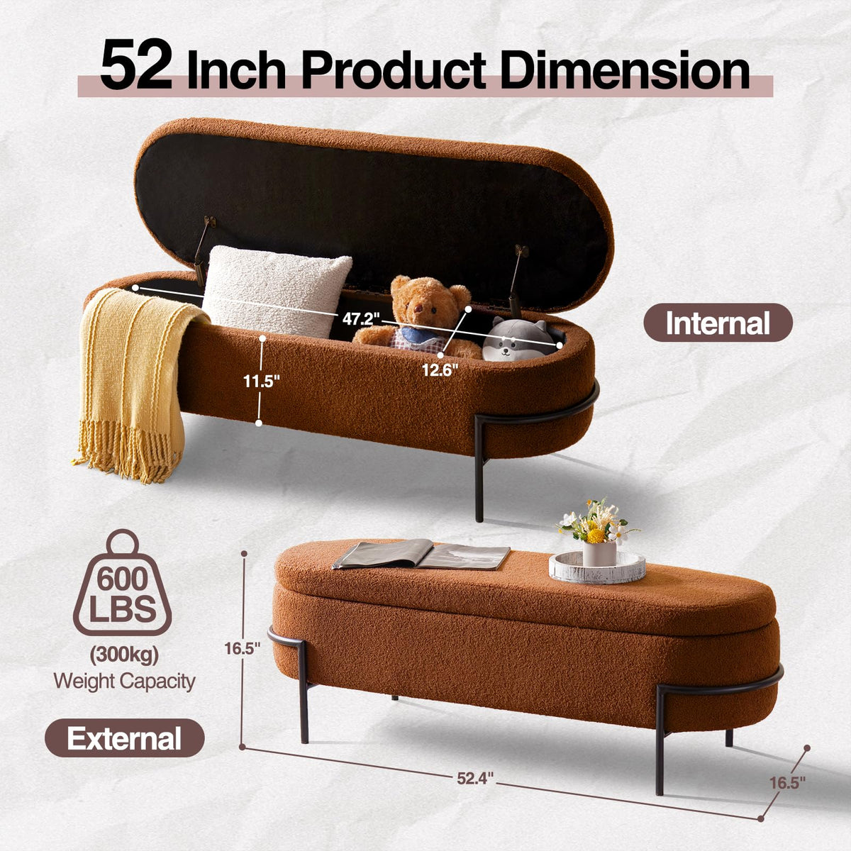 52 Inch Sherpa Storage Ottoman Bench T6342