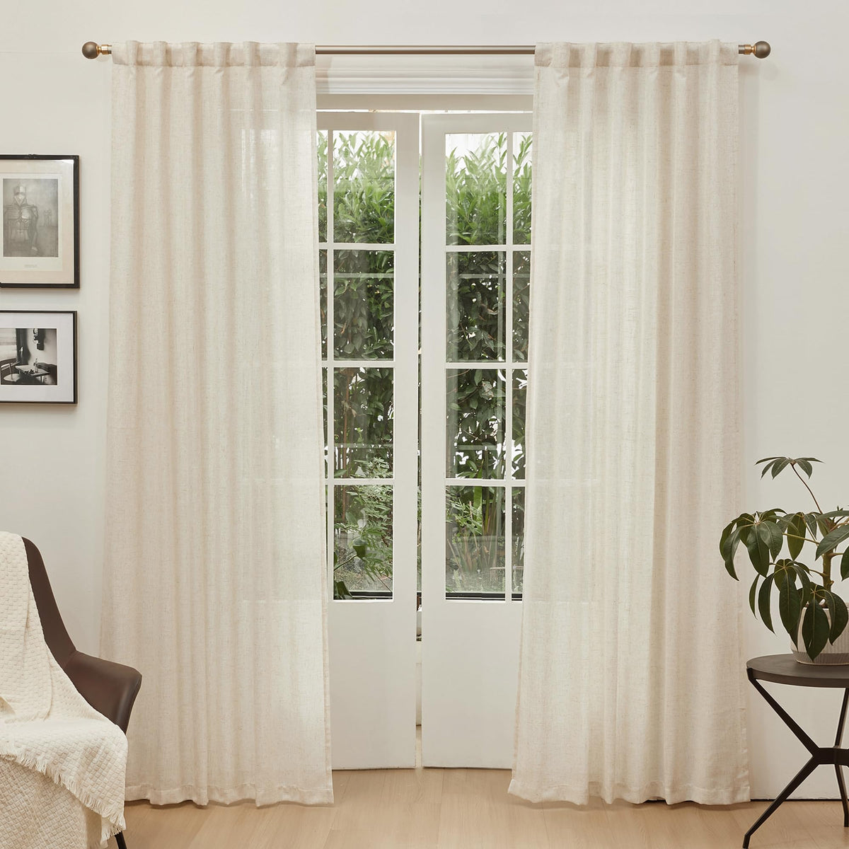 90 Inches Long Semi Sheer Linen Curtains, 2 Panels U885792