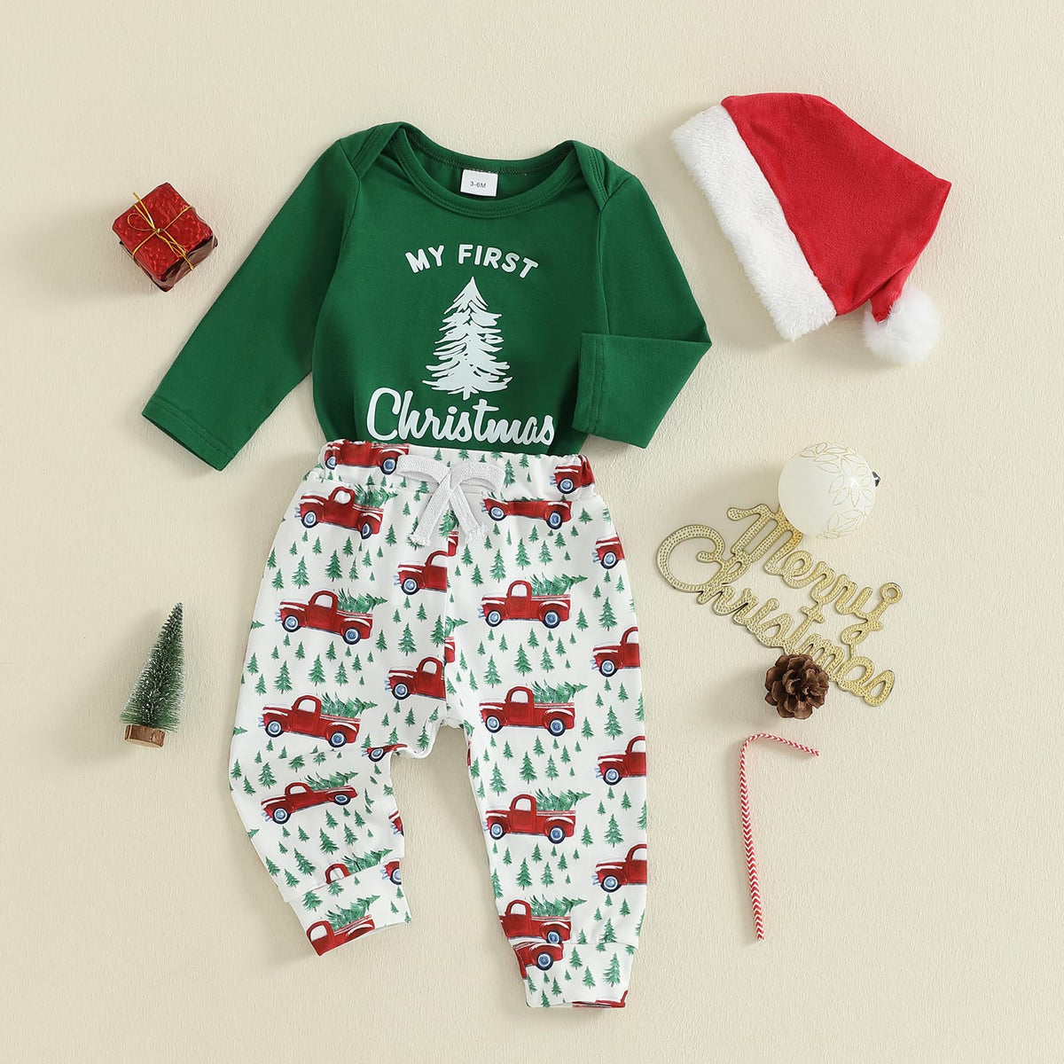 Christmas Baby Boy Long Sleeve Romper Onesie Pants Santa Hat T456312