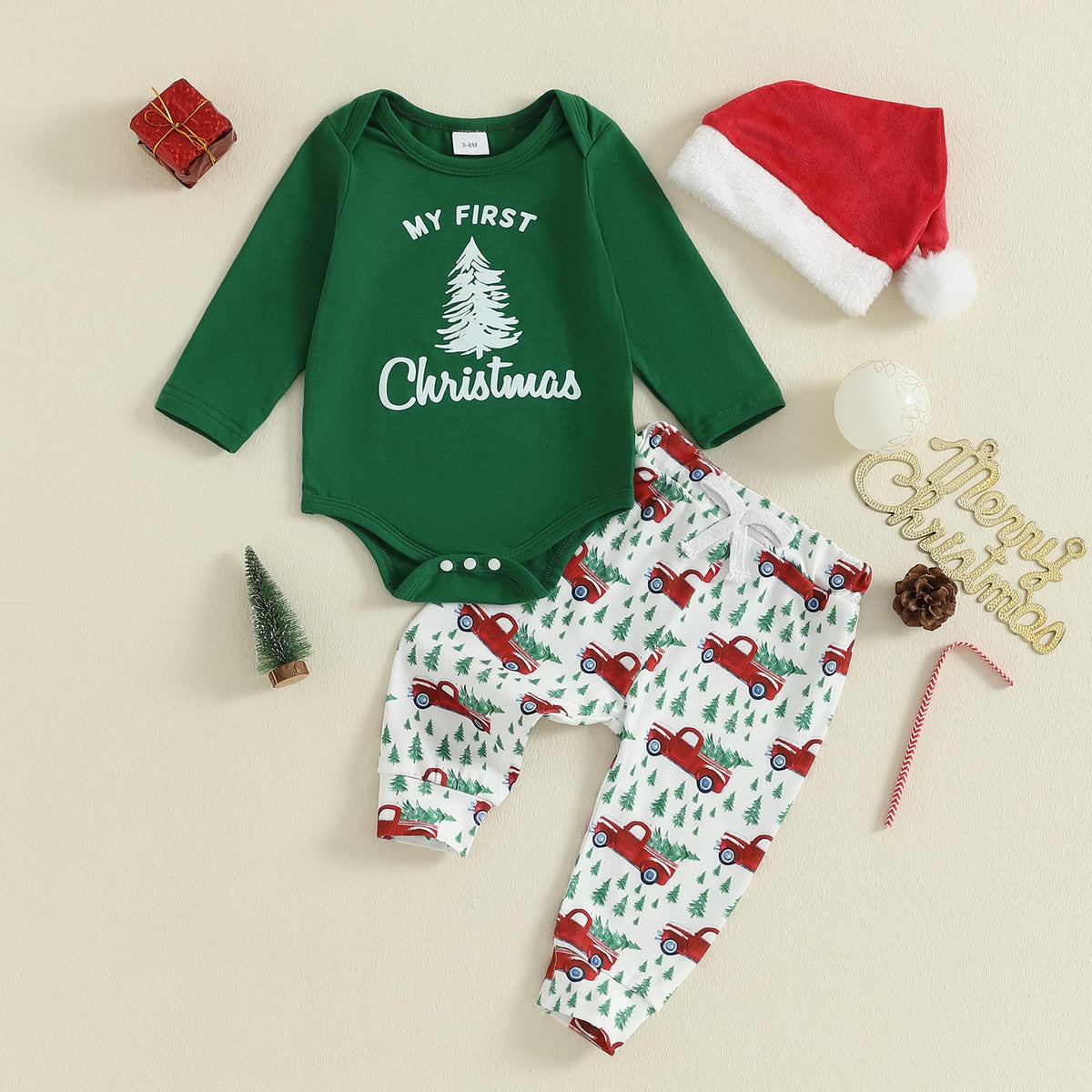 Christmas Baby Boy Long Sleeve Romper Onesie Pants Santa Hat T456312