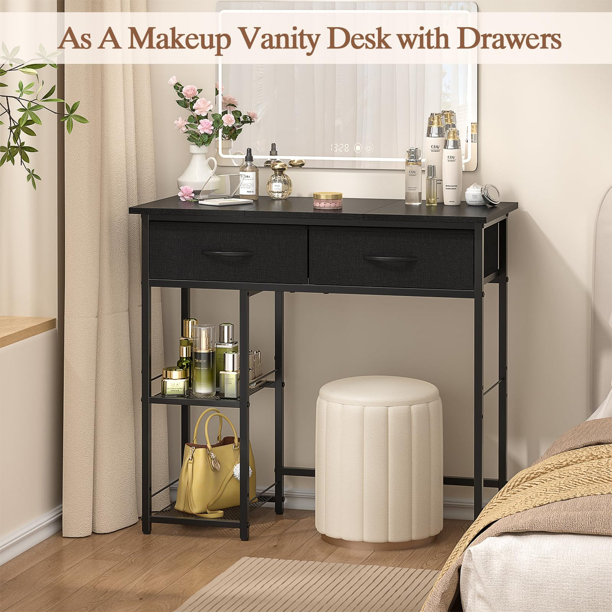 Black Small Writing Desk with 2 Drawers and Storage Shelf H66541