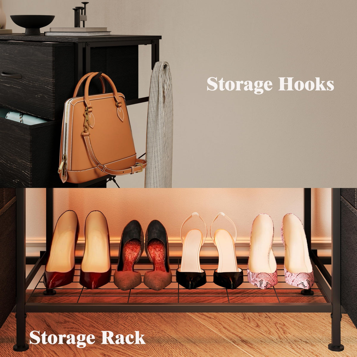 55"W Dresser with Hanging Rack, 10 Fabric Drawers & Hooks W103