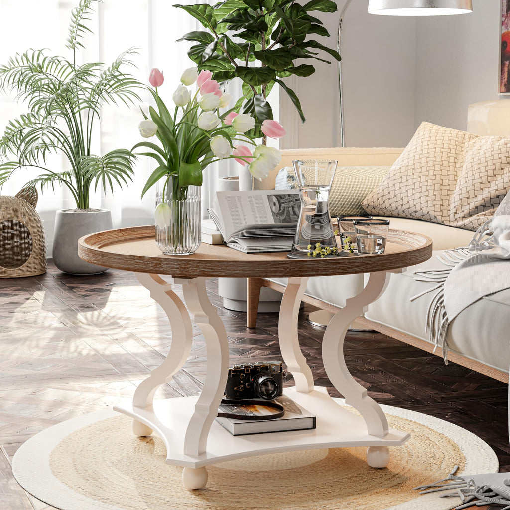 Round White Coffee Table with Tray Top J982814