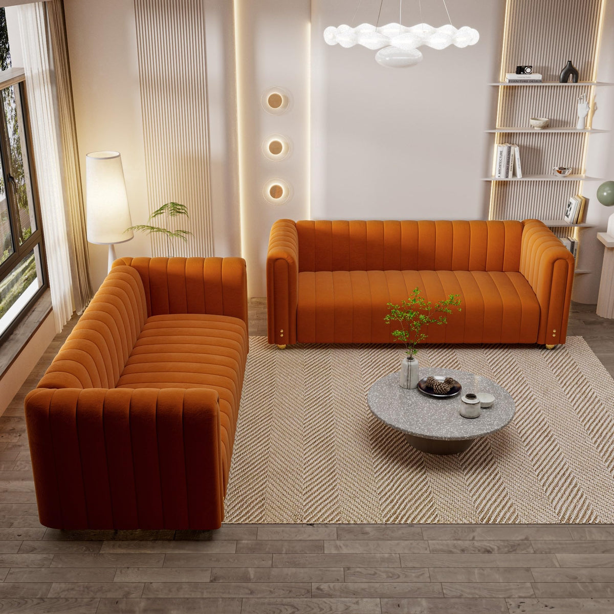 Orange Tufted Velvet Sofa Set E56363