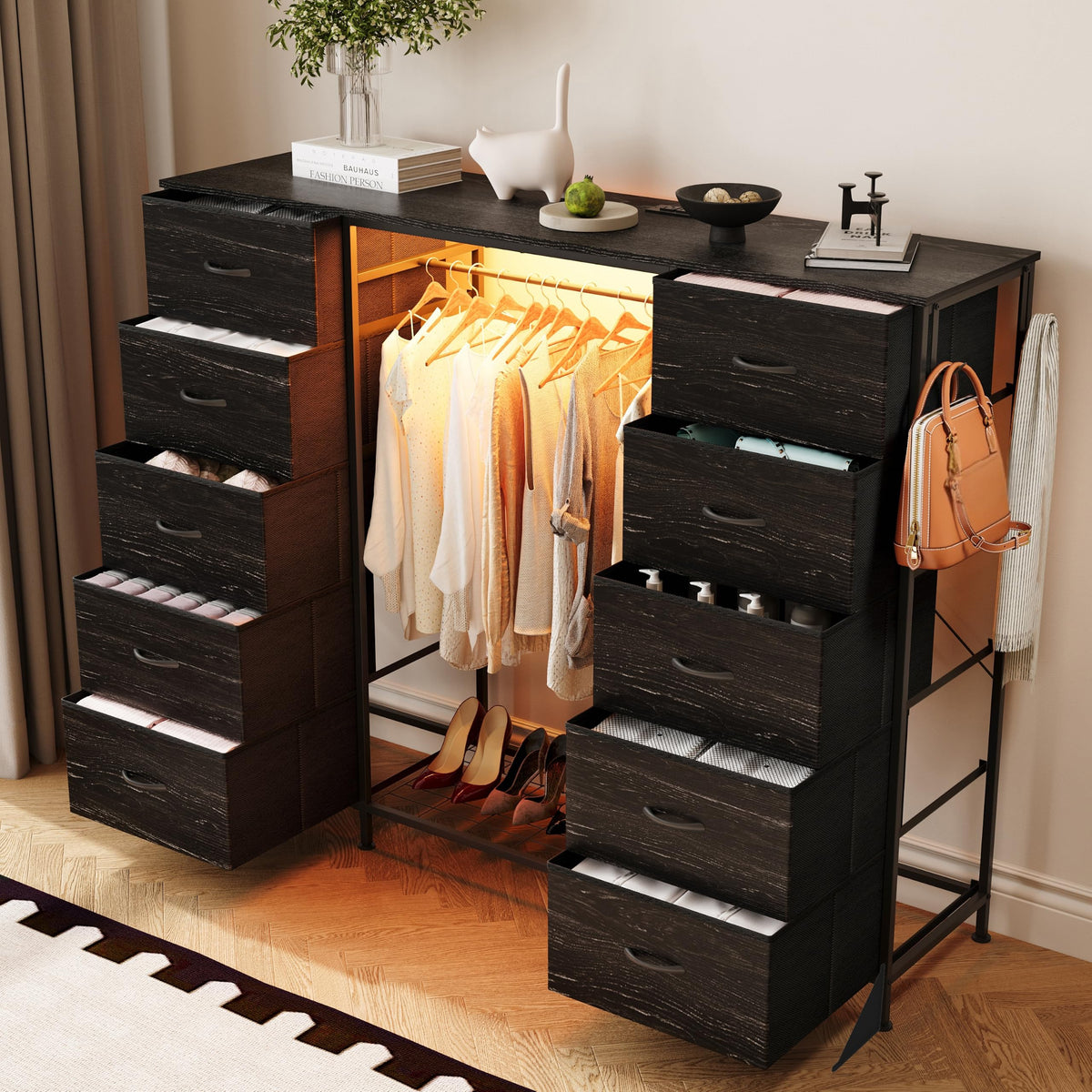 55"W Dresser with Hanging Rack, 10 Fabric Drawers & Hooks W103